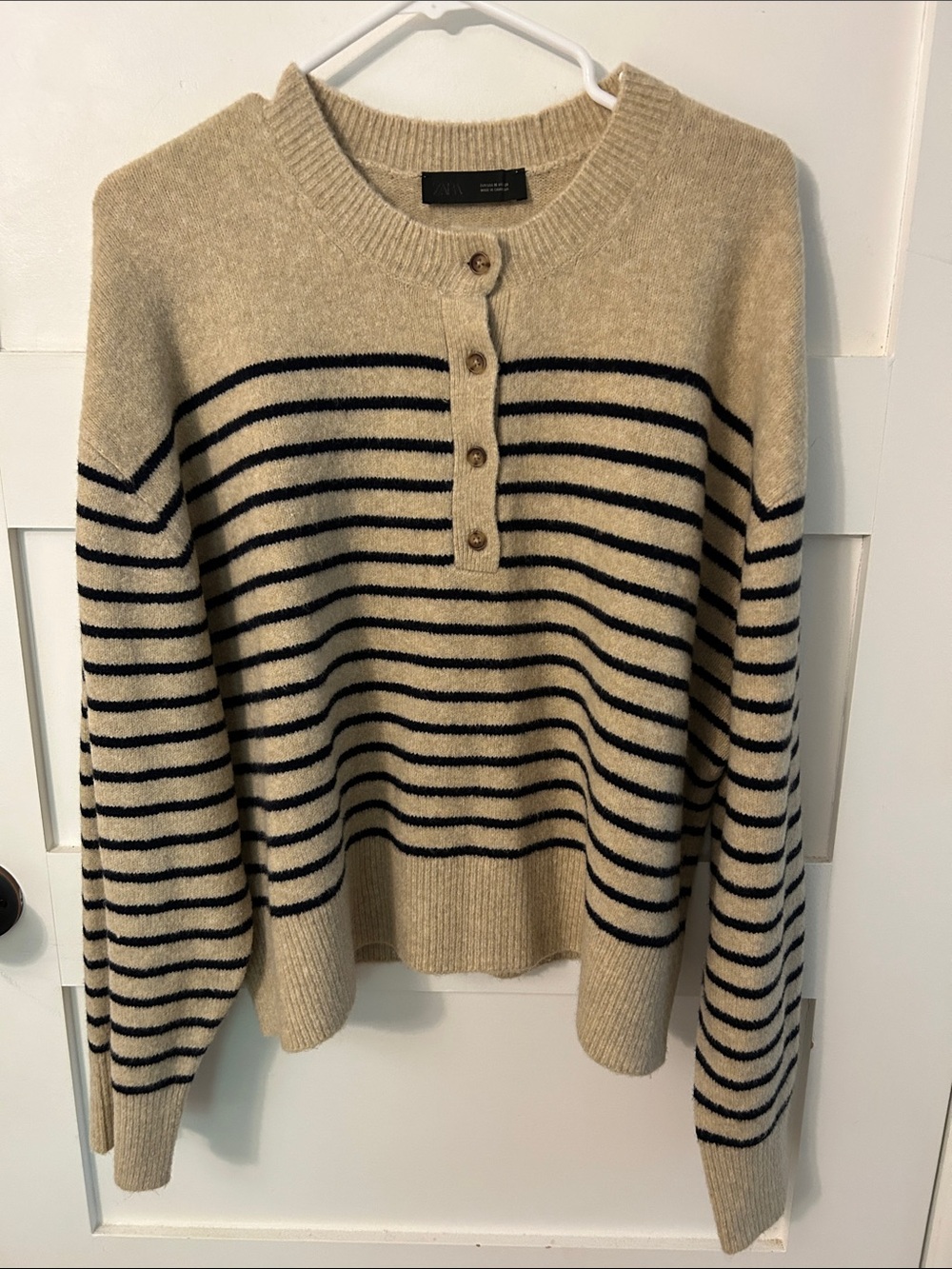 Zara Cream and Black Striped Crewneck Sweater with Button Placket